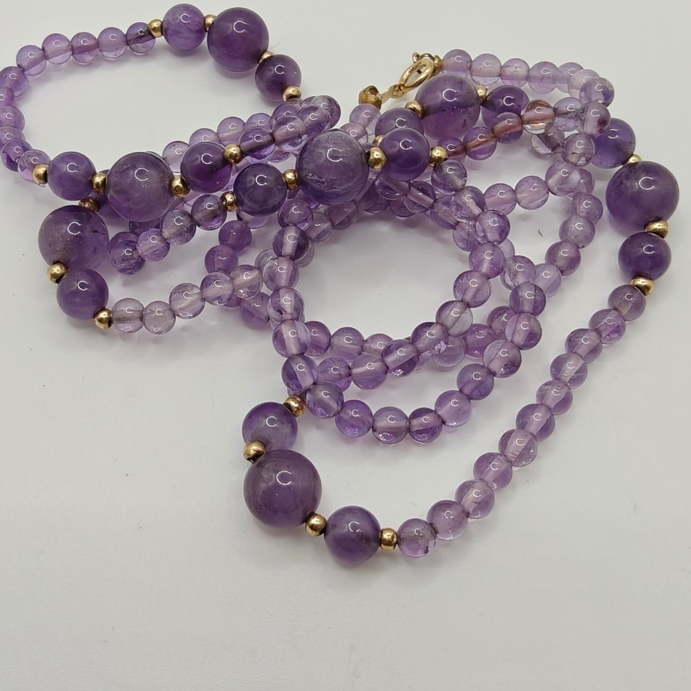 Vintage Natural Amethyst Bead Necklace 34 Inch Graduated Purple Gemstone14k